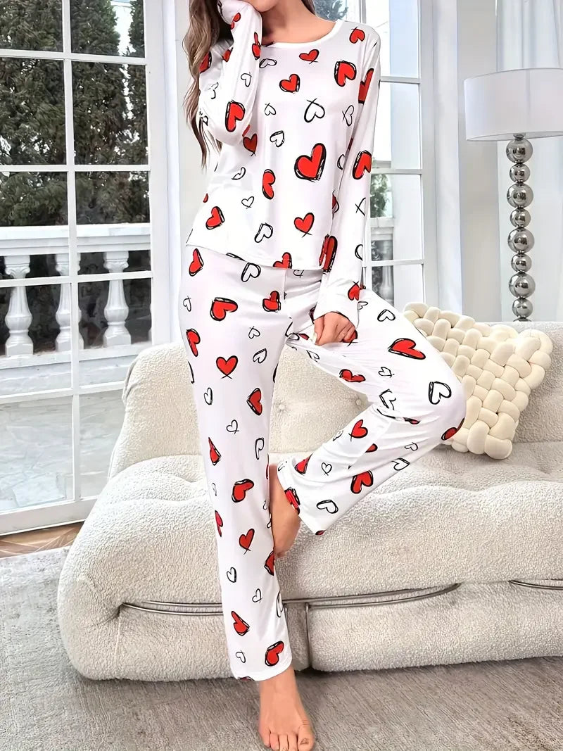 Women Autumn Winter Sleepwear Heart Print Knitted Round-Neck Loose Tops and Elastic Long Pants Pajama Set Loungewear