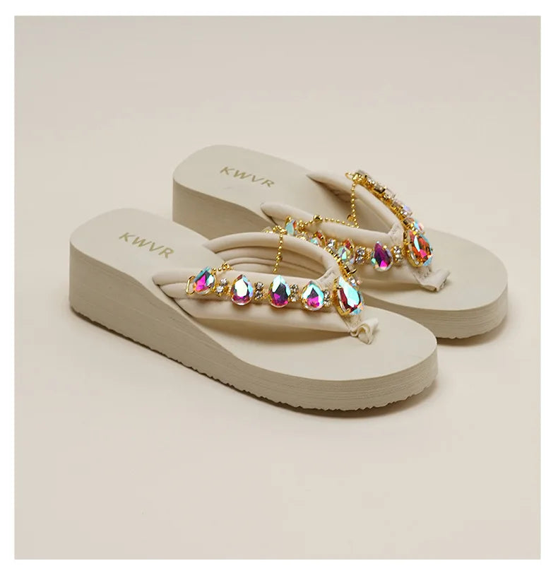 Adult 4cm Sponge Cake Thick Sole Flip Flops Summer 2026 Women's Versatile Conch Anti-slip Sandals Shiny Diamonds Beach Shoes