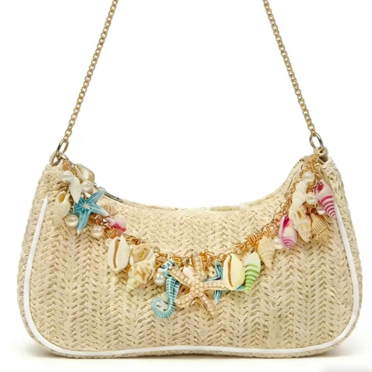 Bohemian Summer Straw Shoulder Bag with Ocean Shell, Starfish & Seahorse Charms, Perfect for Beach Vacation & Tropical Getaways