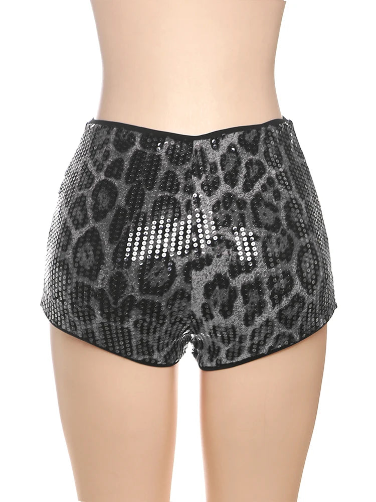 Weird Puss Leopard Print Mini Shorts Women Sequins Patchwork Wild Skinny Stretch Streetwear Autumn Midnight Sexy Trend Buttoms