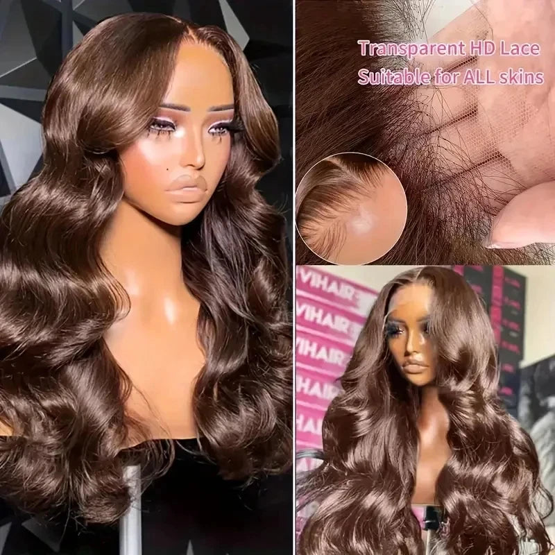 Transparent Chocolate Brown Body Wave Lace Front Human Hair Wig Vietnamese Original #4 Color 250% 13x6 HDFull Lace Frontal Wigs