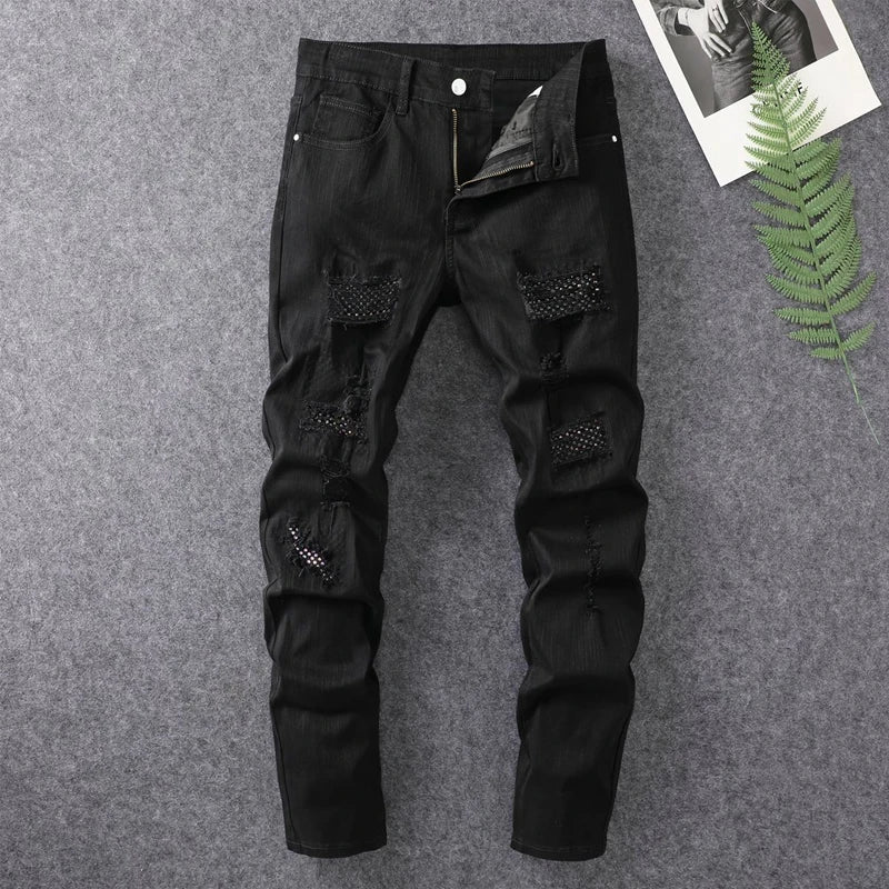 2024 spring and summer hot selling men's white distressed hot drilling jeans slim fit stylish American high street trendy jeans