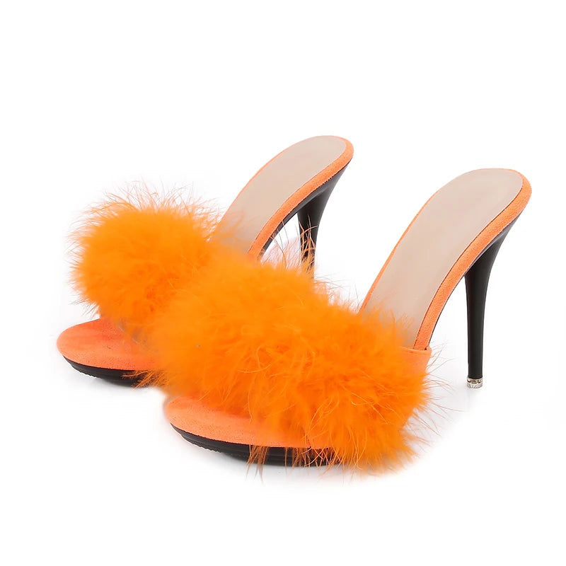 10CM Thin High Heel Designer Plus Size Summer Slippers For Ladies 2025 New Furry Slip-on Women's Shoes Pink Fur Slides Sandals