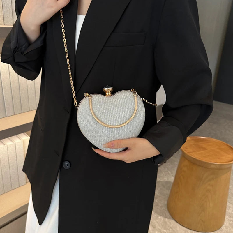 Evening Clutch Bag For Women Shiny Heart Shape Metal Clutch Chain Shoulder Purse