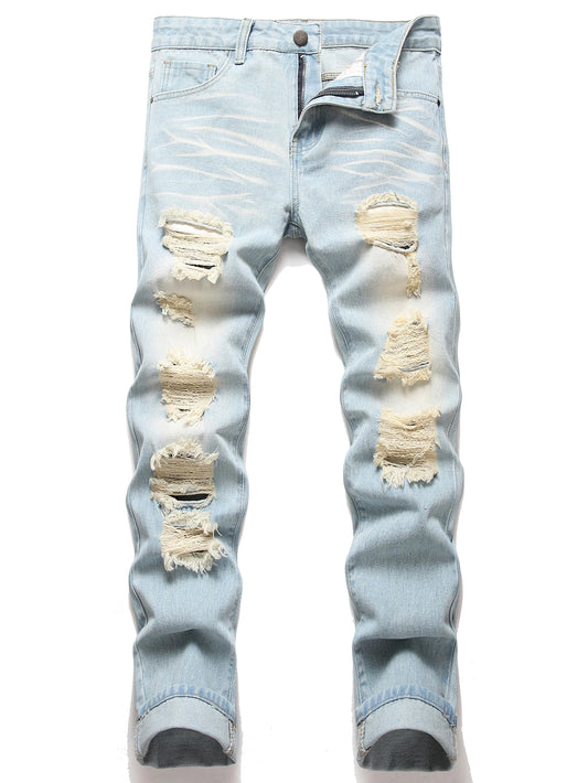 Vintage Light Blue Jeans Straight Loose Fit Distressed Cat Whisker Denim Pants Casual Streetwear High Quality Stretch 28-4, men's jeans