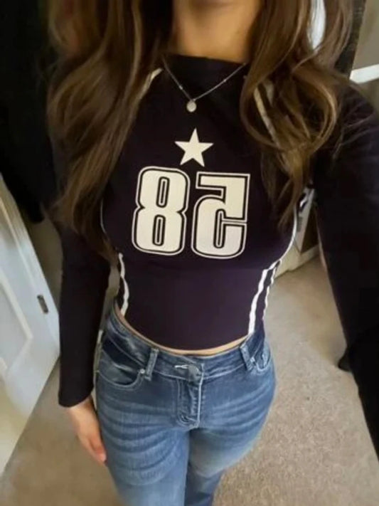 Gothic female Long sleeved Open Umbilical Letter Printing Casual Korean ladies Top Y2k Clothing EMO