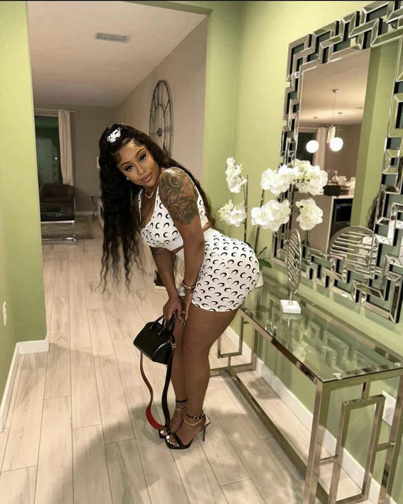 STYLISH LADY Moon Printed Fitness 2 Piece Set Women Sleeveless Crop Top and Shorts Suits 2025 Summer Club Street Sports Outfits