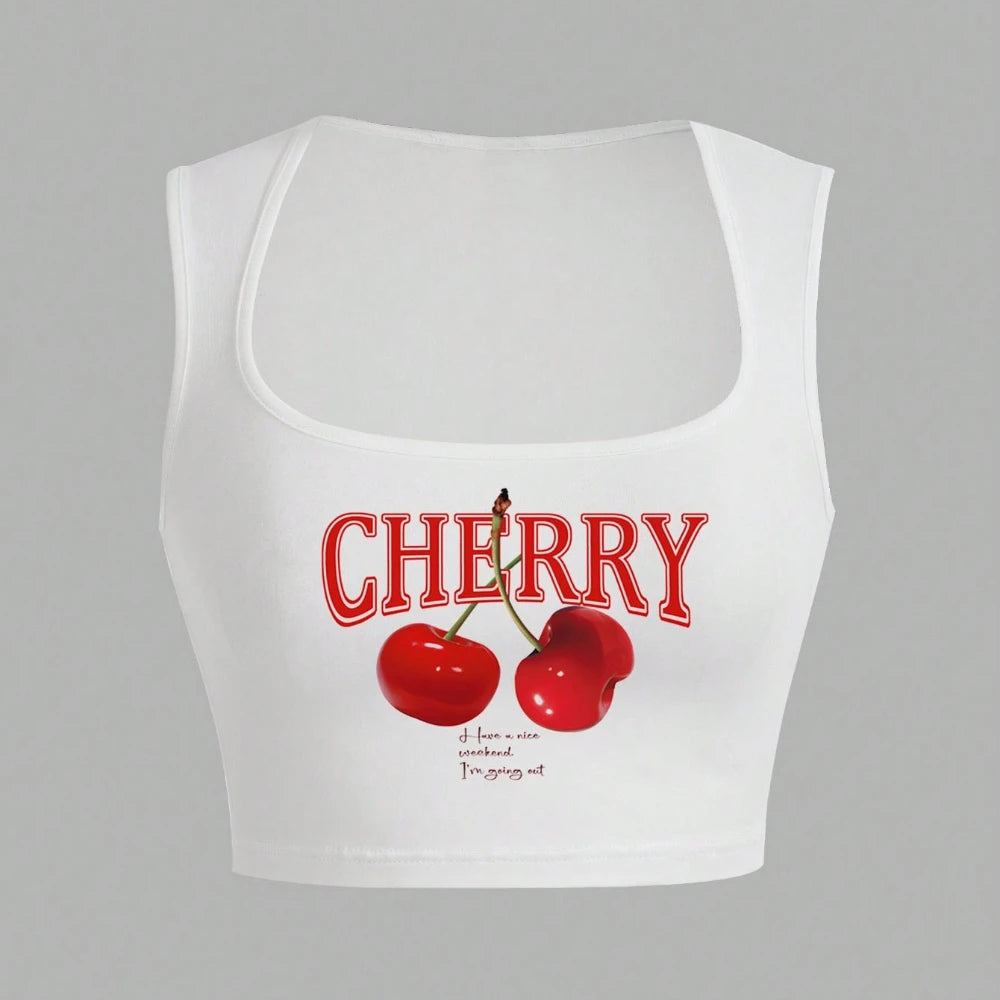 HLJ&GG Y2K Sweet Cherry Print Two Piece Sets Women Round Neck Sleeveless Slim Tank Top And Ruffle Plaid Shorts Outfit Streetwear