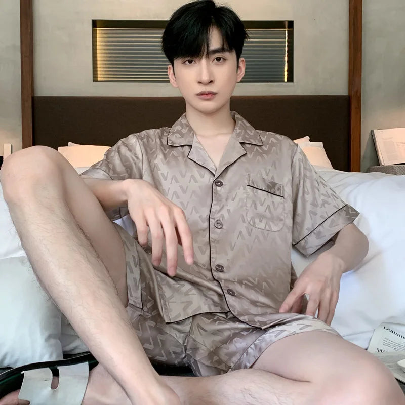 High Quality Jacquard Pajamas Suit Men Summer Ice Silk Shorts Sleepwear Set Thin Satin Large-size Loungewear Male Night Clothing