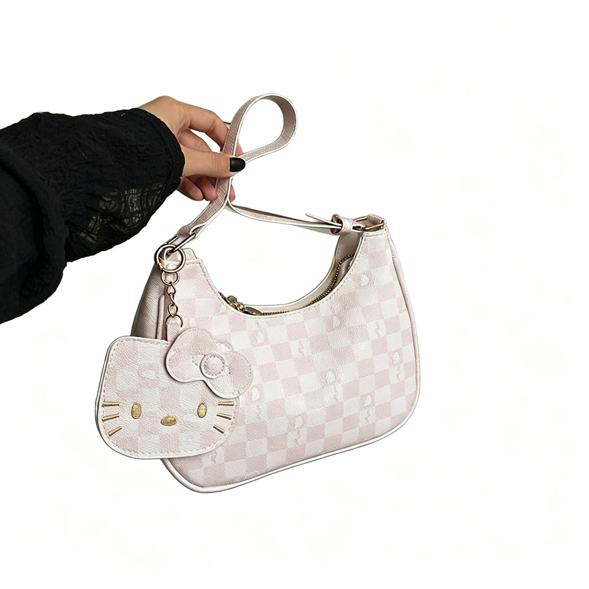 Women Y2K Cute Underarm Shoulder Bag Checkerboard Pattern PU Leather Hobo Bag With Cartoon Pendant Sweet Girls Fashion Daily Handbag Purse