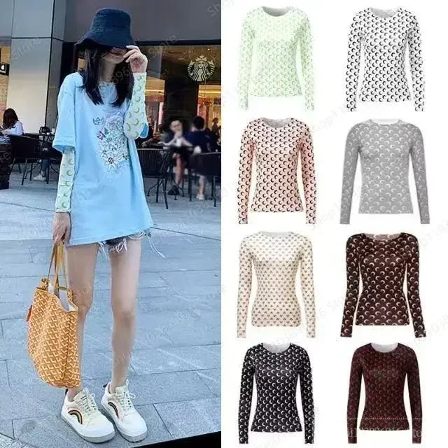 Moon Printed Tshirt Graphic Top for Women Stretchy Slim Korean Fall Spring Long Sleeve Tees Y2k Grunge T-Shirt 2000s Clothes