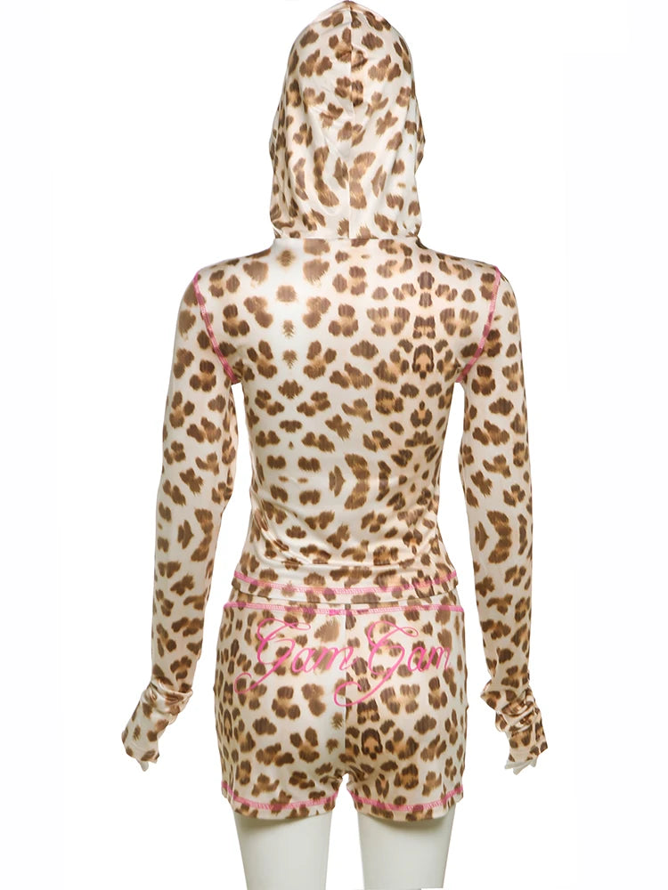 Weird Puss Letter Print Women Tracksuit 2Piece Set Leopard Zip Hooded Jacket+Biker Shorts Matching Street Stretch Activity Suits