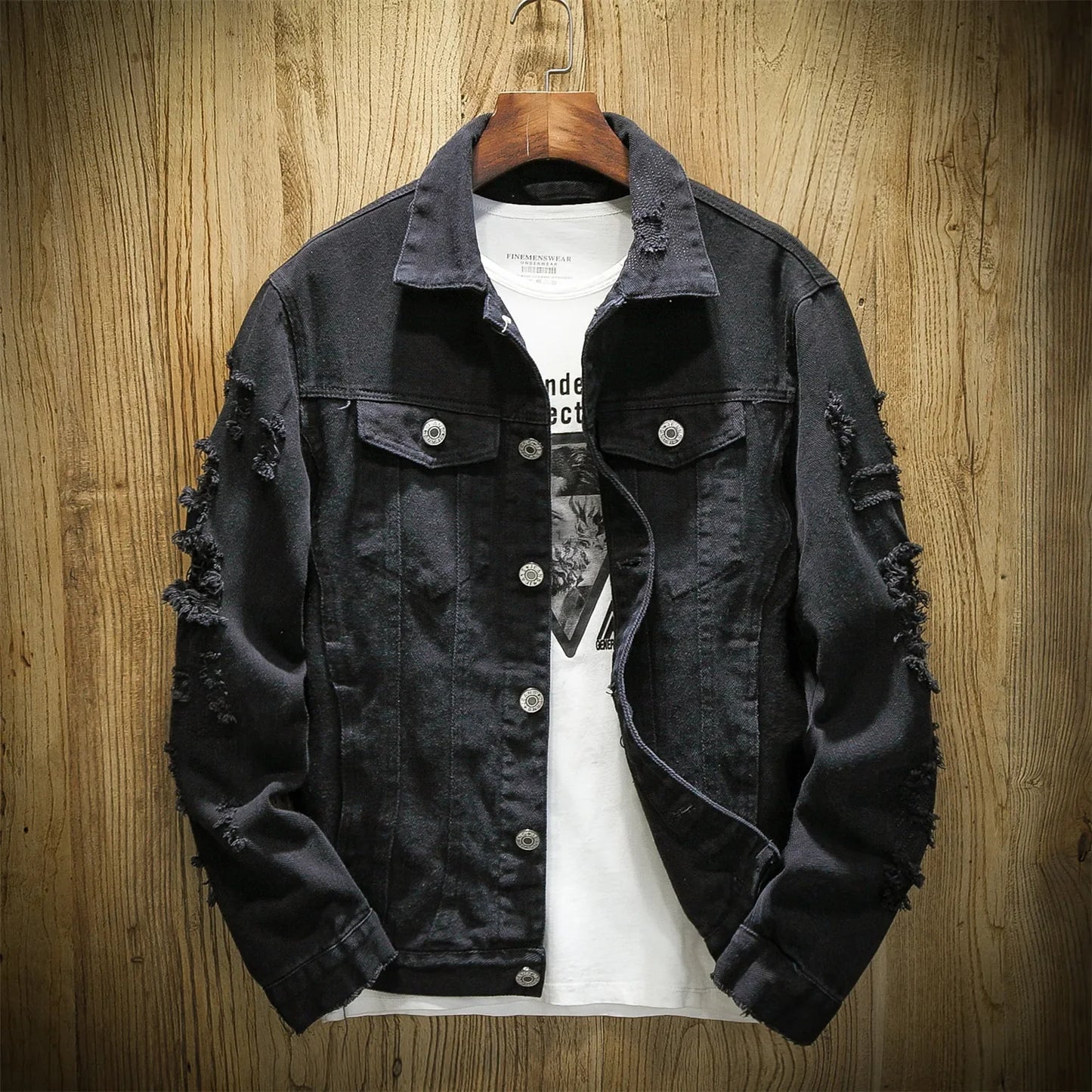 Jackets Men Denim Coats Hole Jacket Casual Loose Single Breasted Turn Down Collar Full Sleeve Simple Autumn Winter Coat