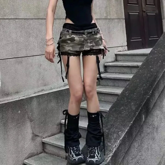 Summer Gothic Vintage Lace Up Slim Camouflage Lolita Shorts Skirts Women Aesthetic Y2k A-line Package Hip Short Skirt