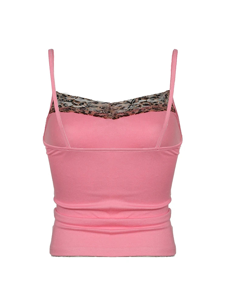 Sweetown Pink Sweet Cute Camisole Leopard Contrast Patchwork Y2K Crop Top For Women Sleeveless Slim Kawaii 2000s Tank Vest