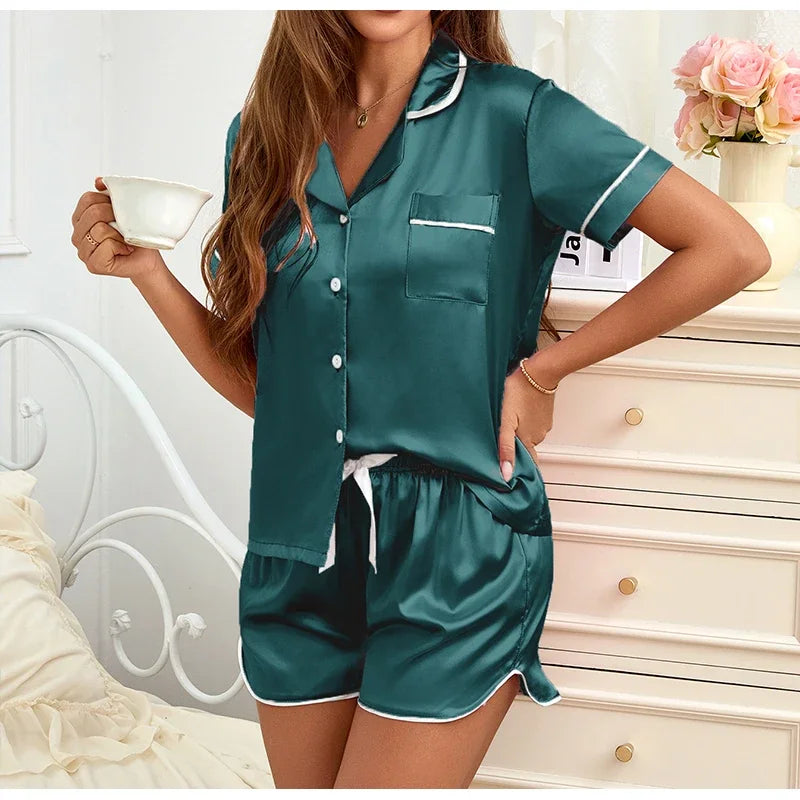 2026 Women Satin Pajamas Set 2-piece Pj Sets Sleepwear Loungewear Button-Down Pajama Women Pajamas Pijama Homewear Shorts Set