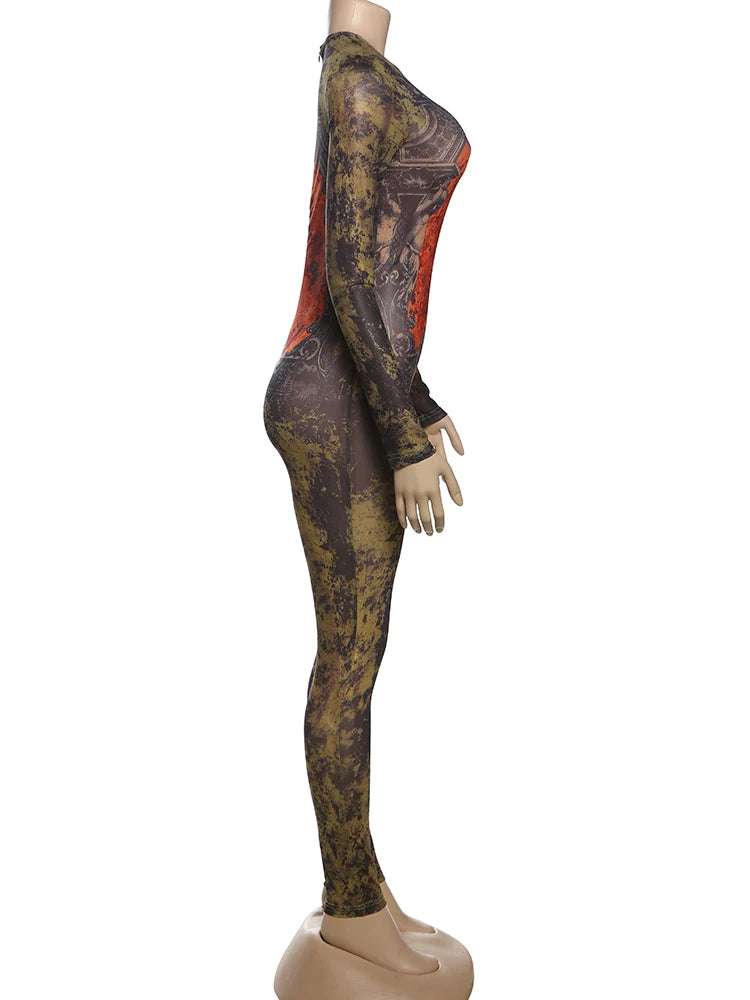 Weird Puss Tie-Dye Print Jumpsuit Women Fitness Stretch Tight Sexy o-Neck Full Sleeve Skinny Streetwear Autumn Zip Slim Overalls