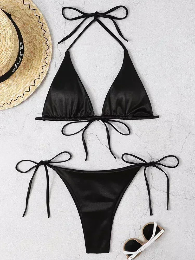 Halter Brazilian Metallic Satin Bikini  Swimwear, Swimsuit Two-pieces Bikini Set High Cut Bathing Suit Swim Beachwear