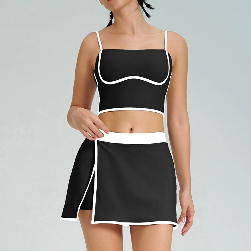 HLJ&GG Fashion High Quality Stretch Sporty Skirts Shorts Two Piece Sets Women Spaghetti Strap Slim Crop Top+Mini Skirts Outfits
