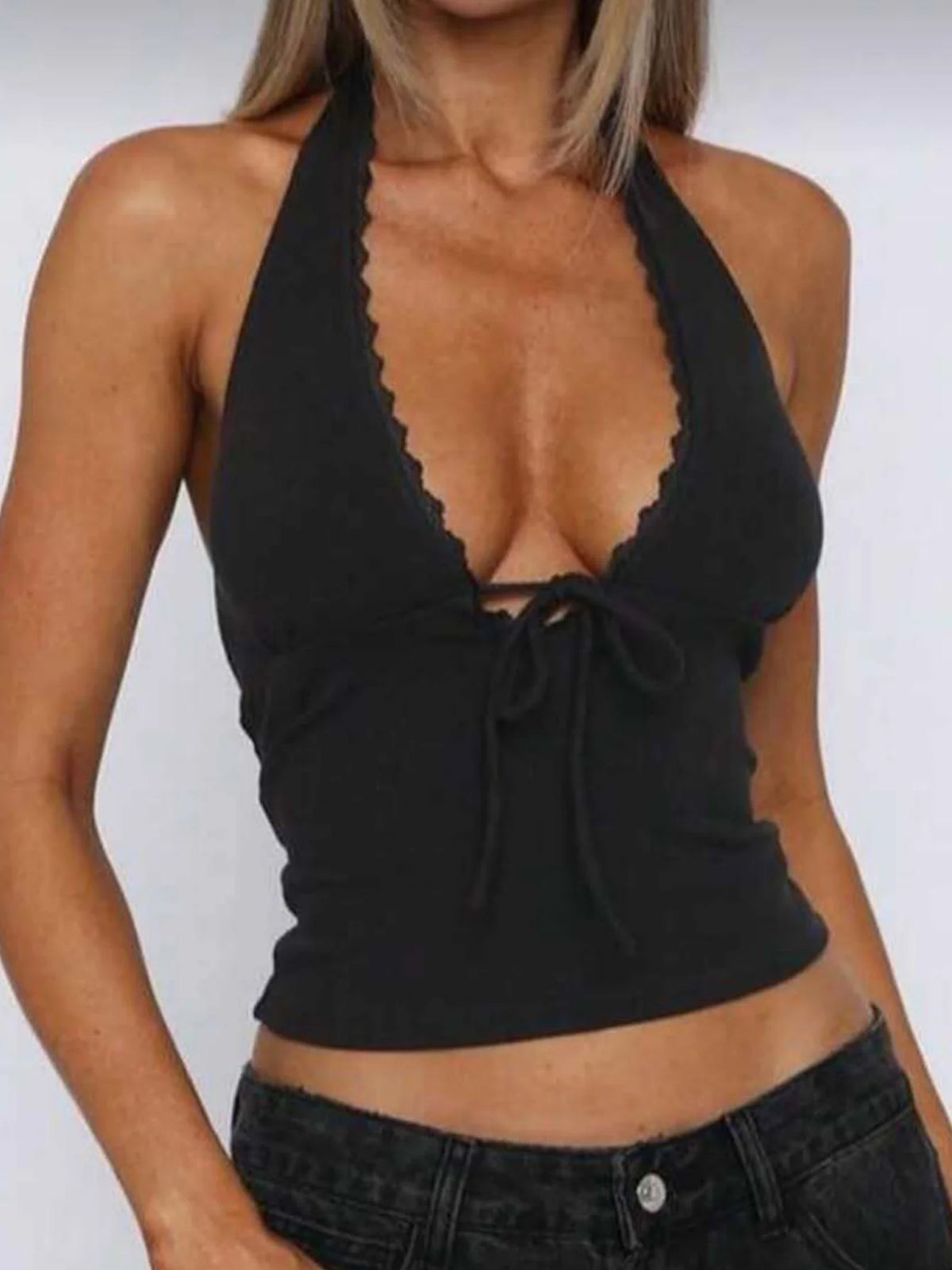 Dulzura Women'S Sexy Backless Lace Up Lace Ruffles Patchwork Halter Tank Top Fashion Causal Y2K Top Vacation Beach Summer Outfit