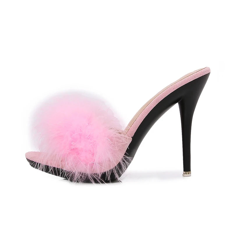 10CM Thin High Heel Designer Plus Size Summer Slippers For Ladies 2025 New Furry Slip-on Women's Shoes Pink Fur Slides Sandals