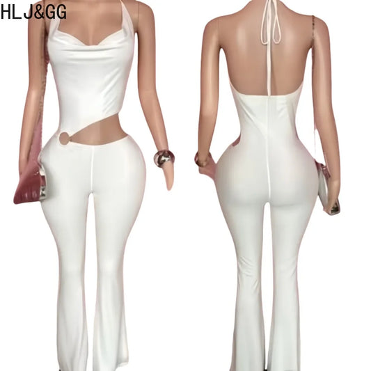 HLJ&GG Y2k Sexy Bodycon Jumpsuit for ladies Halter Sleeveless Backless Hollow Out Rompers, Streetwear Overalls 2025 Summer
