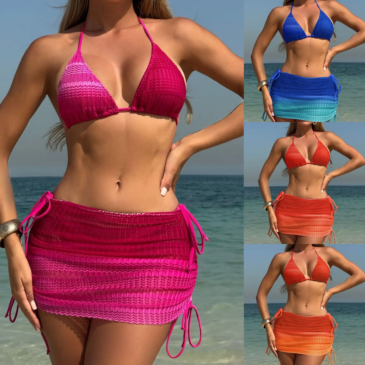 2025 new gradient mesh three-piece set beach bikini beach beach seaside skirt swimsuit