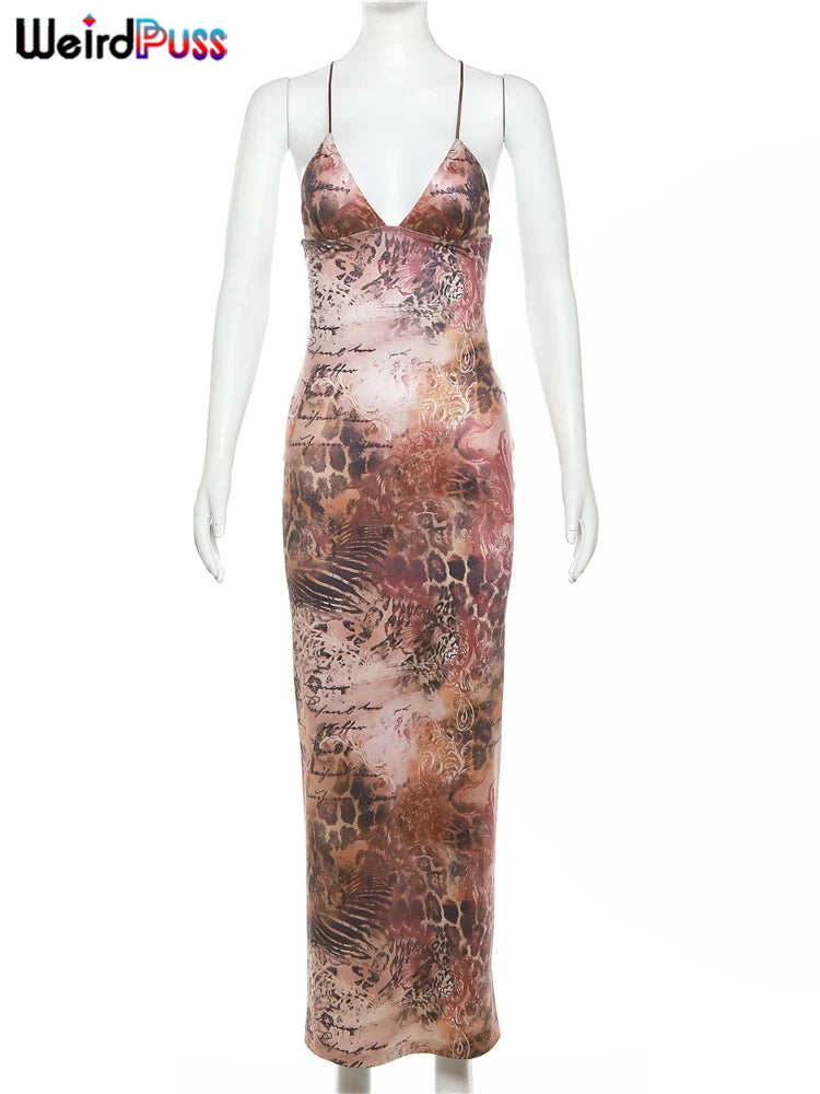 Weird Puss Chic Butterfly Women Maxi Dress Print Backless Spaghetti Straps V Neck Halter Bodycon Hot Girls Club Party Vestidos