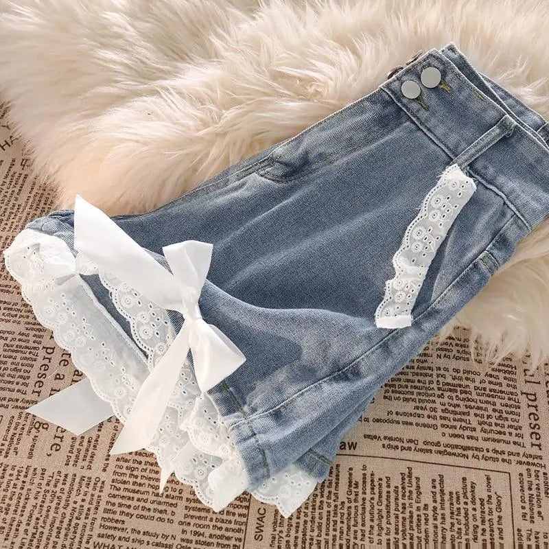 Japanese Preppy Style Bow Lace Patchwork Y2k Shorts Women Summer Straight Hotsweet High Waist jeans Short Pants Ruched