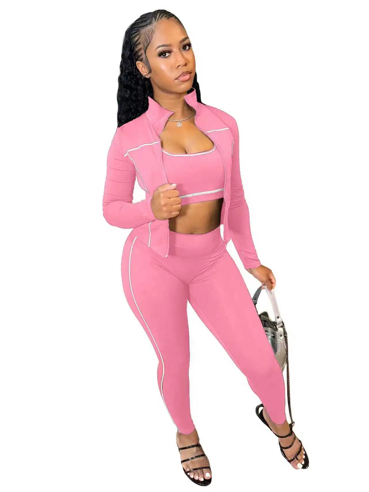 Weird Puss Casual 3 Piece Set Women Tracksuit Elastic Vest+Zip Jacket+Leggings Matching Street Sporty Fitness Street Shapewear