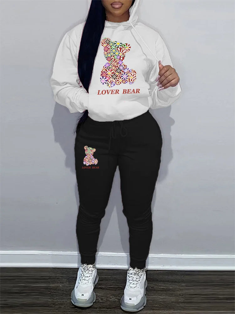Women's Hoodies Sets Pants Suit 2 Piece Outfits 2025 New Letter Print Bear Aesthetics Sweatshirt and Sweatpants Womens Tracksuit