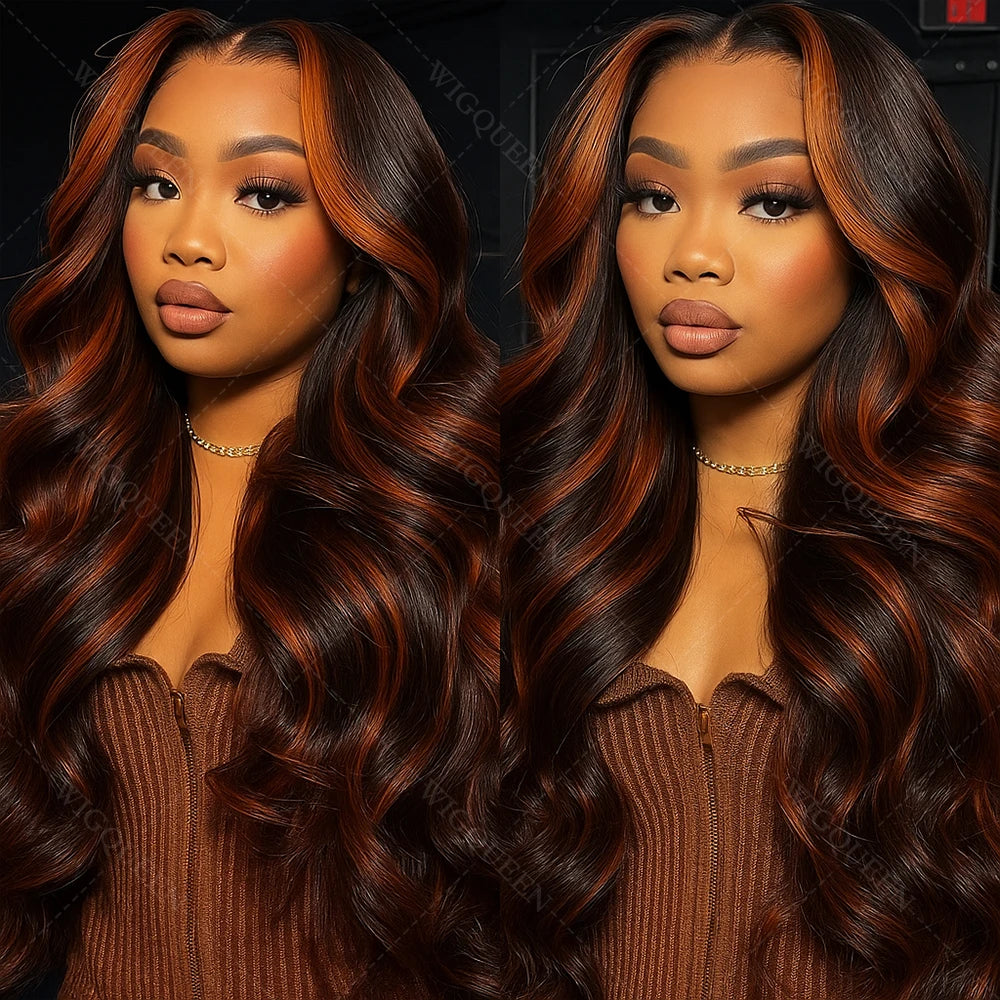 Upgraded 1B/30 Balayage Body Wave 13x4 Highlight Lace Front Human Hair Wig Vietnamese 30 Inch Omber Brown Colored Wig Human Hair