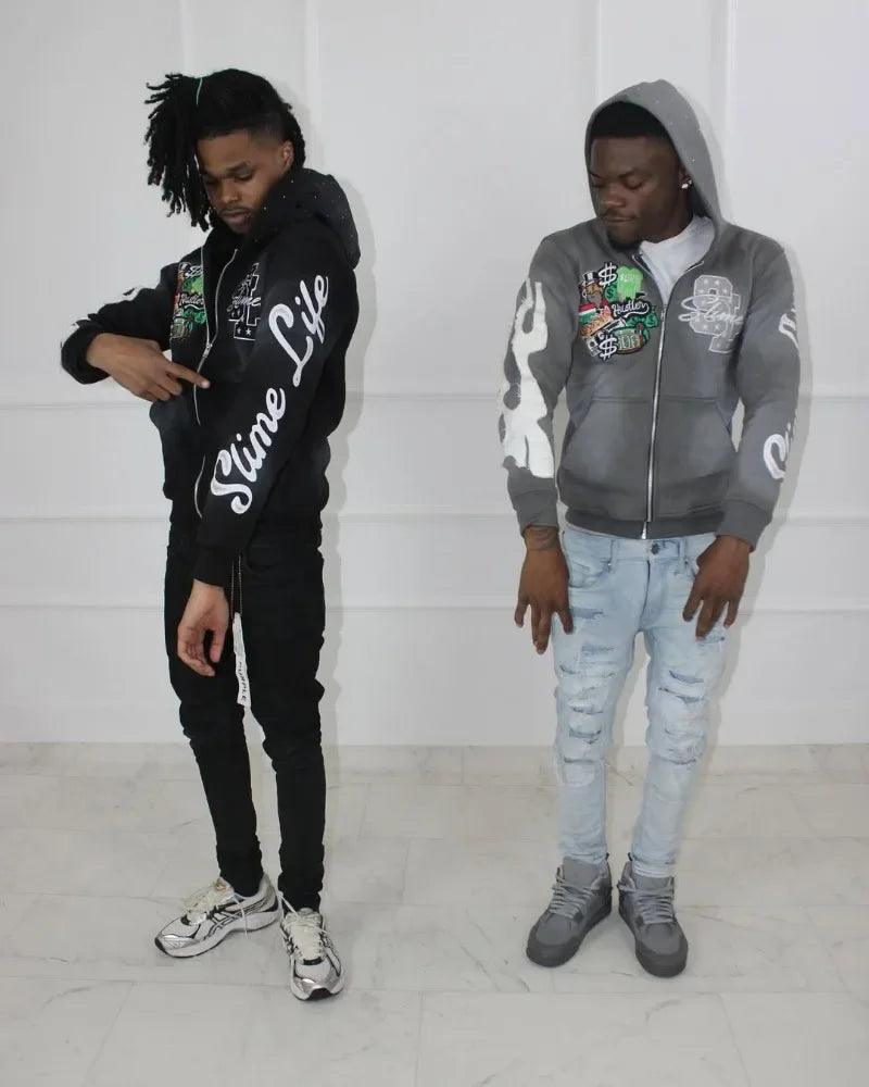 Harajuku Trend Brand Casual Loose Oversized Zipper Hoodie Men Y2k Gothic Retro Letter Flame Embroidered Sweatshirt Jacket Women