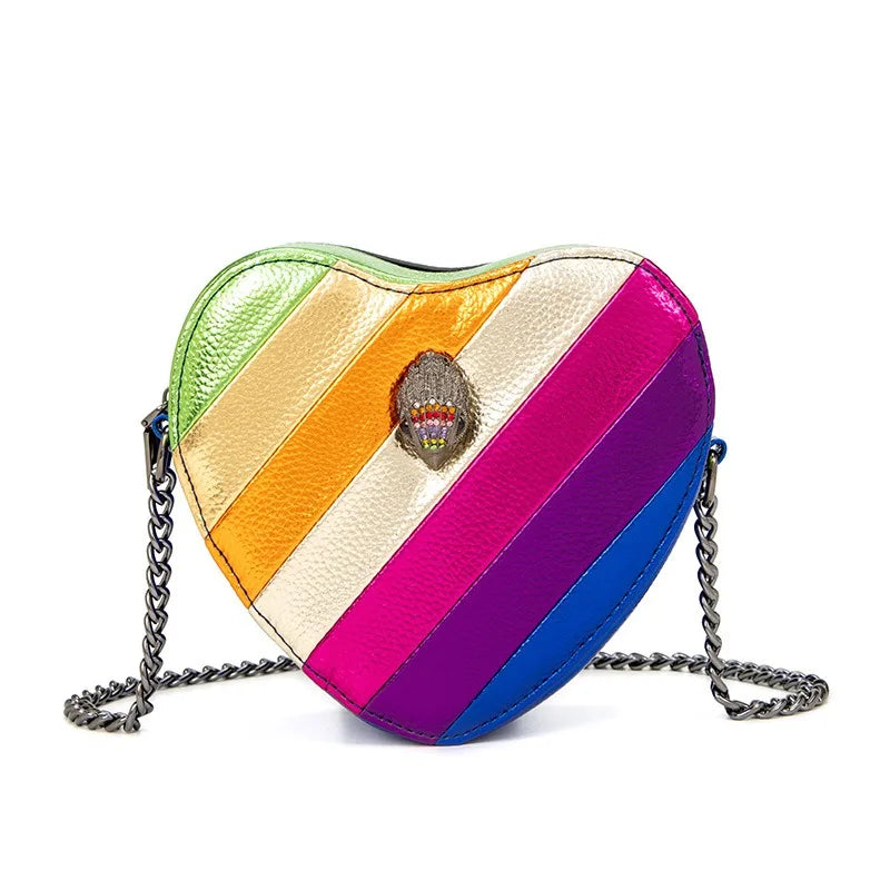 2026 New Metallic Rainbow Stripes Heart Bag PU Leather Chain Crossbody Purse