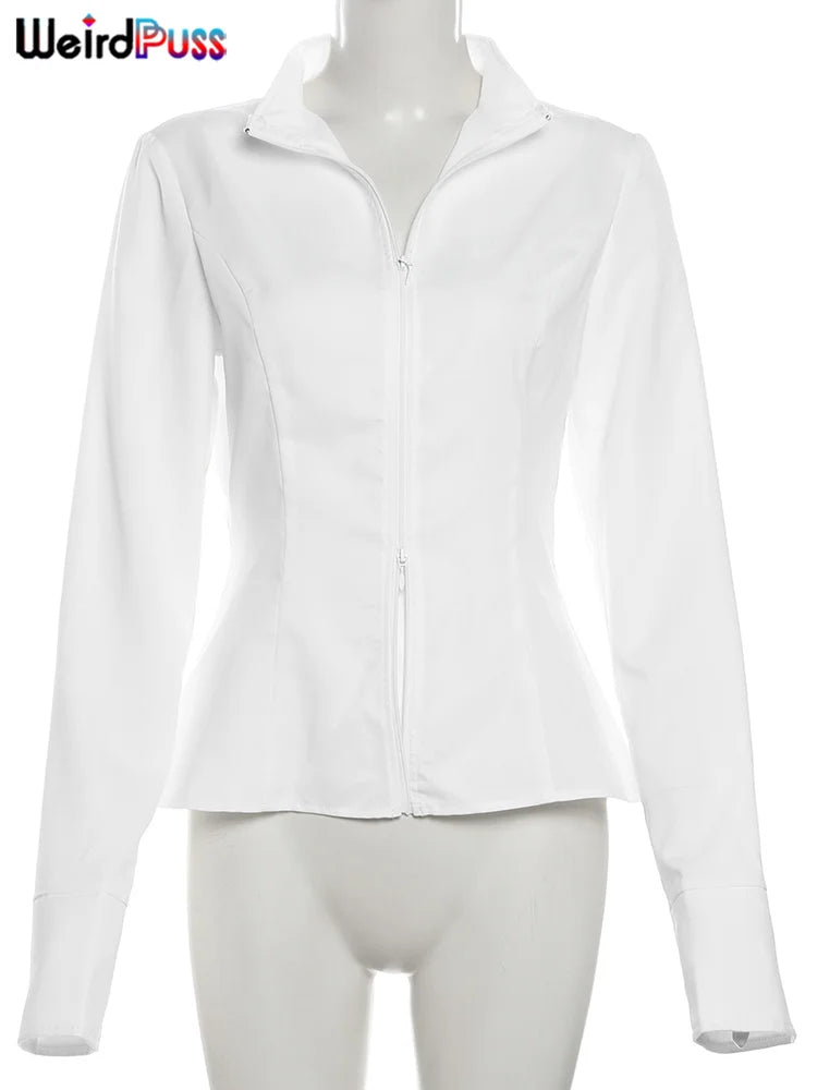 Weird Puss Casual Women 2Piece Set Autumn Trend Skinny Simple Daily Long Sleeve Crop Tops+Puffy Skirt Streetwear Matching Outfit