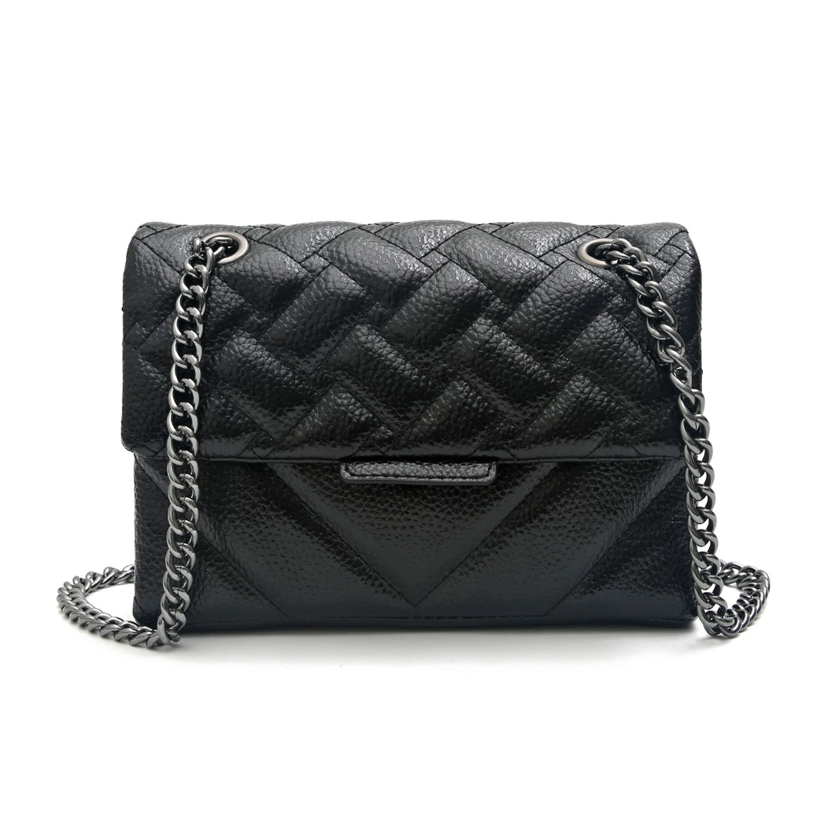CR Fashion Metallic PU Vegan Leather Handbag For Women Luxury Quilted Flap Messenger Shoulder Bag Long Chain Purse Daily  Travel