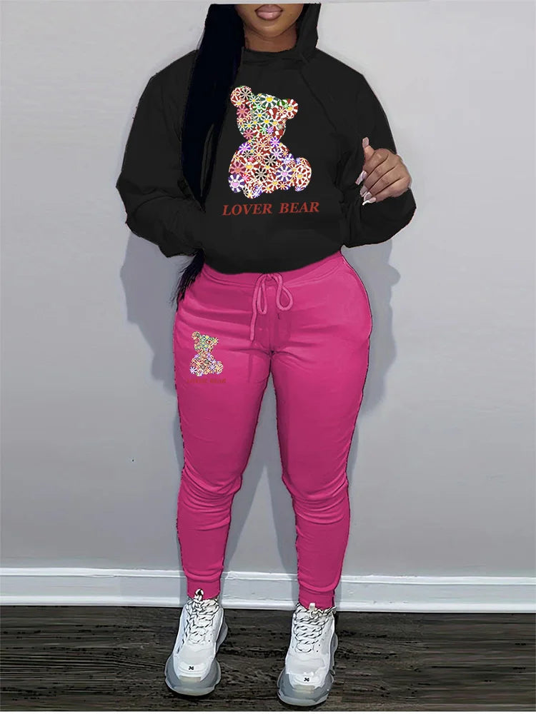 Women's Hoodies Sets Pants Suit 2 Piece Outfits 2025 New Letter Print Bear Aesthetics Sweatshirt and Sweatpants Womens Tracksuit