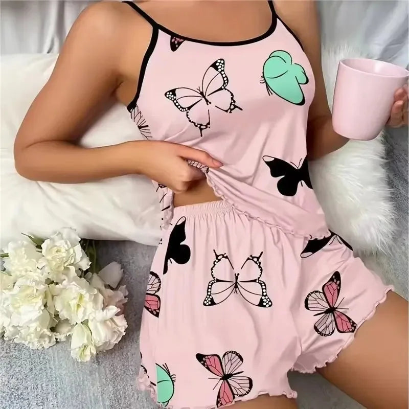 Sexy Summer Women's Sleepwear Two-Piece Set Strap Home Clothes Short Pants Casual Vest Home Comfortable Breathable Nightgown