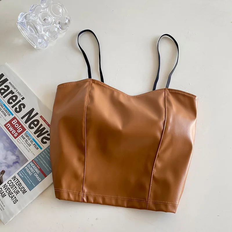 Sexy Bare Midriff PU Leather Halter Crop Tops Women with Bra Pad Spaghetti Strap Tank Top Camis Female Sleeveless Cropped Vest
