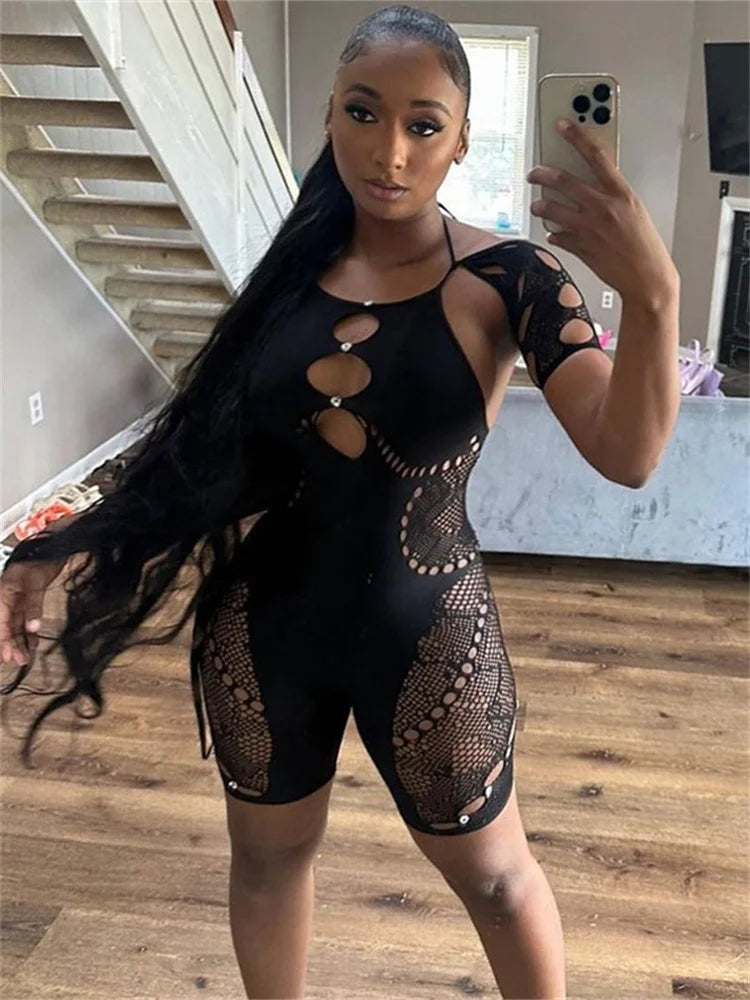 Club Outfits Sexy Jumpsuits for Women Short Sleeve Bodycon Rompers Jumpsuit Skinny Pink Mesh See Though One-piece Overalls 2024