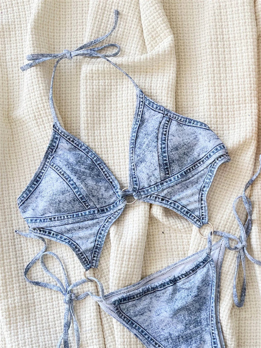 Denim Print Bikini Monokini Backless Y2K Swimsuit Women Halter Beach Outfit Vacation Swimwear