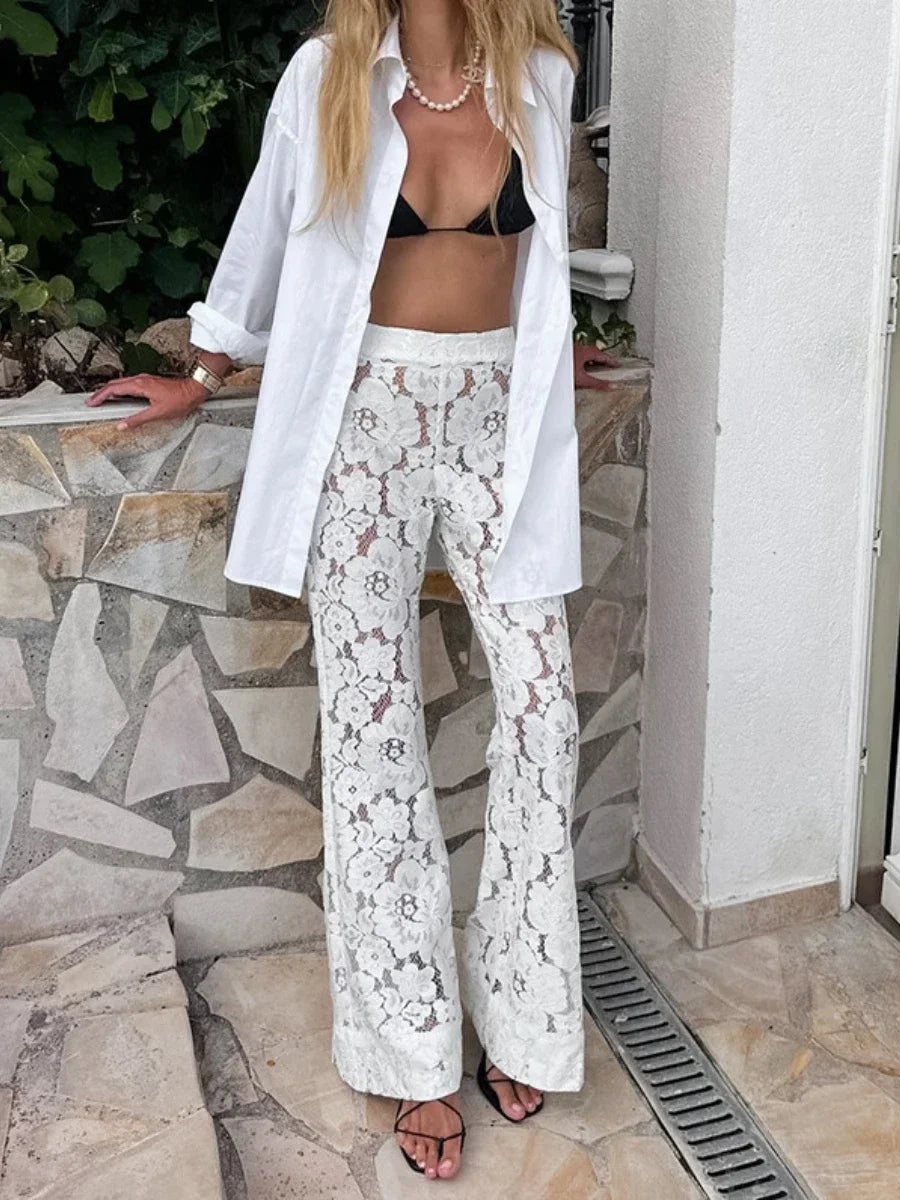 Bornladies Sexy Perspective White Flare Pants Summer Women Vacation High Waist Long Trousers Lace Beach Style Female Pants 2025