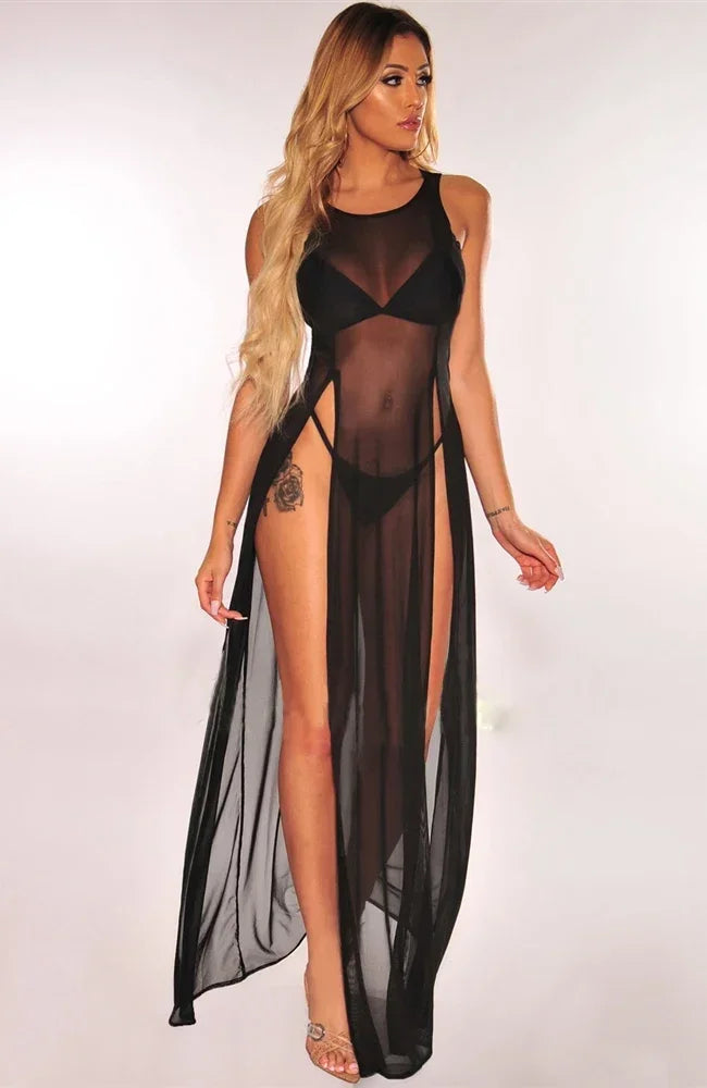 Sexy Womens Mesh Sheer Long Dress Ladies Bikini Cover Up Beach Sundress Solid See-through Long Dress Sleeveless Strap Dress