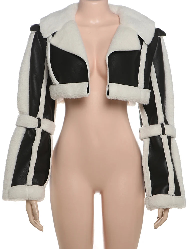 Weird Puss Furry Hipster Crop Jacket Women Patchwork Autumn Full Sleeve Open Stitch Streetwear Warm Outwear Basic Wild Slim Coat