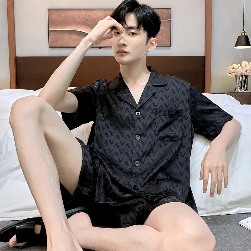 High Quality Jacquard Pajamas Suit Men Summer Ice Silk Shorts Sleepwear Set Thin Satin Large-size Loungewear Male Night Clothing