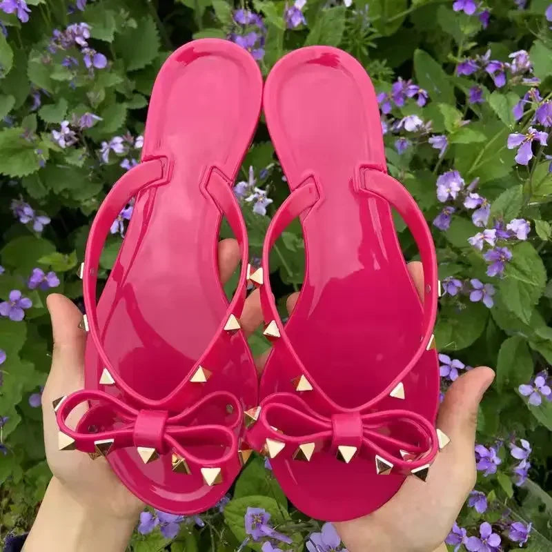 Size 36-42 2026 Hot Sale Fashion Women's Flip Flops Summer Shoes Cool Beach Rivet Big Bow Flat Sandals Jelly Shoes Sandals Girls