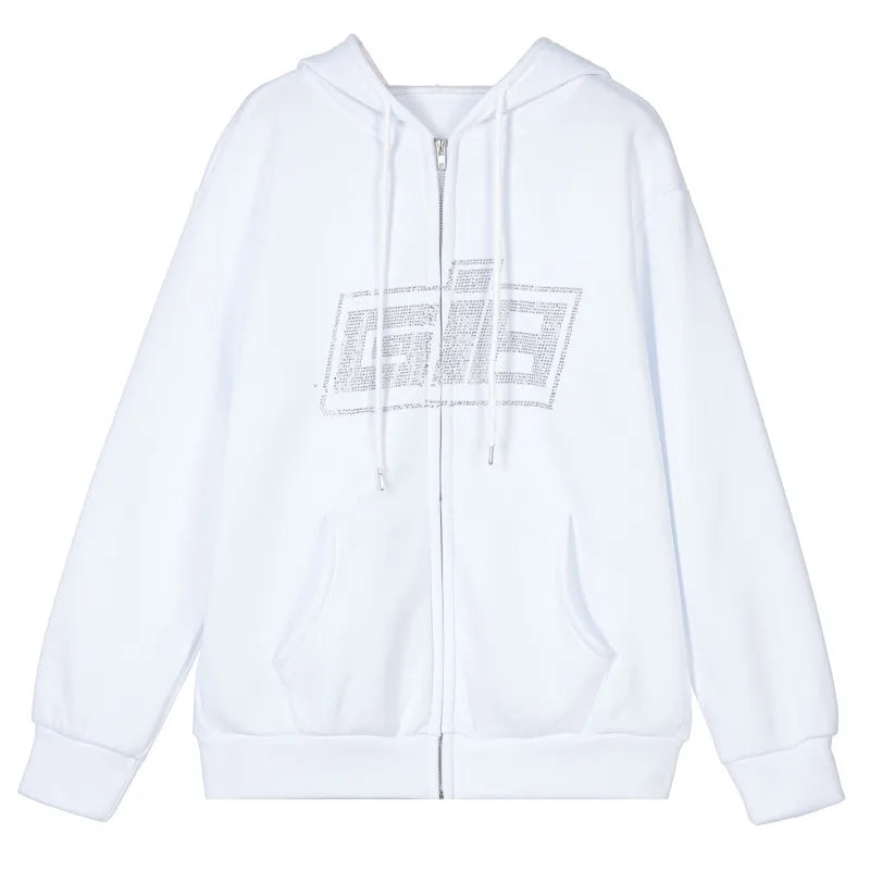 Y2K Zip Rhinestone Women Hoodie 2025 Oversized Hoodies E-girl Goth Punk Jacket Long Sleeve White Sweatshirts Trend Streetwear