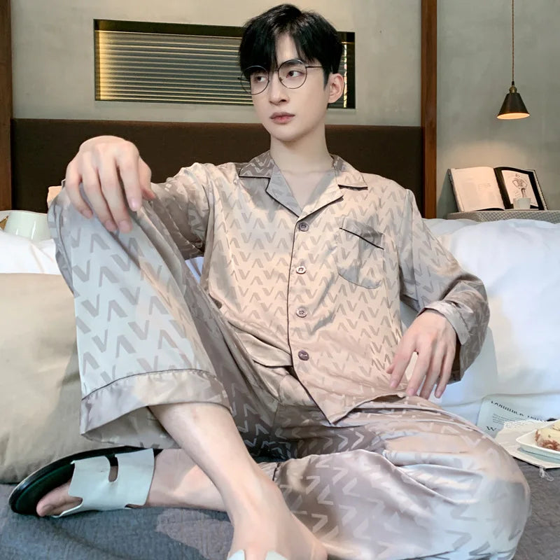 High Quality Jacquard Pajamas Suit Men Summer Ice Silk Shorts Sleepwear Set Thin Satin Large-size Loungewear Male Night Clothing