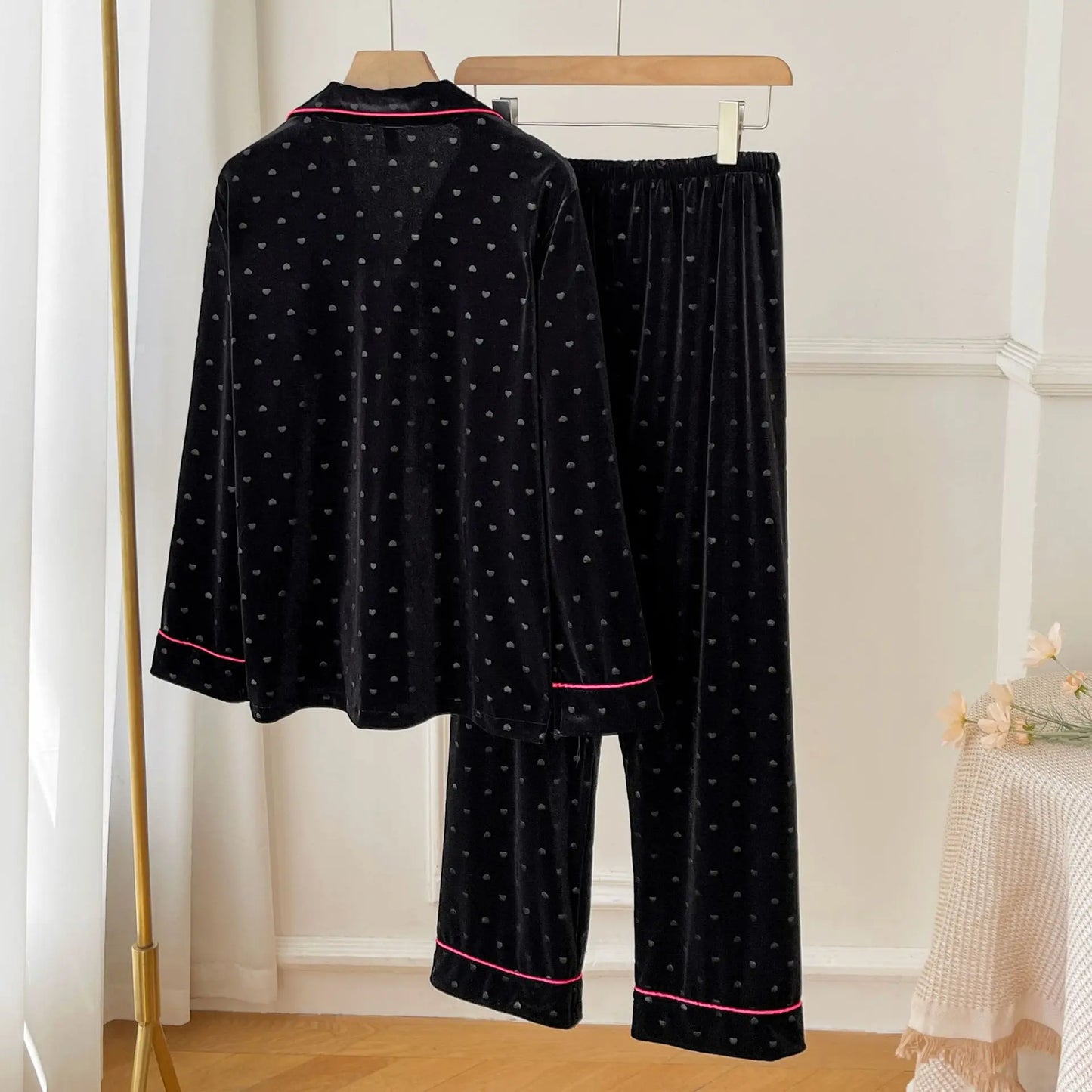 Velvet Dot Print 2Pcs Top&pants Lady Warm Home Clothes Autumn Winter New Pajamas Sexy Trousers Suit Loose Sleepwear Women Pjs