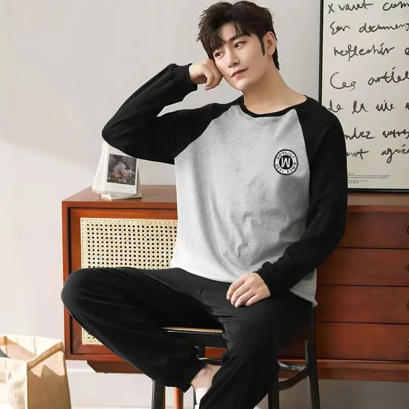 Pajamas Men Long Sleeves and Trousers Spring and Autumn Style Simple and Breathable Nightwear Student Youth Loungewear Sleepwear
